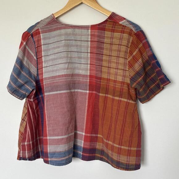 GUDRUN SJODEN Multicolor Check Button Up Short Sleeve Top Blouse Shirt Size L - Picture 4 of 6